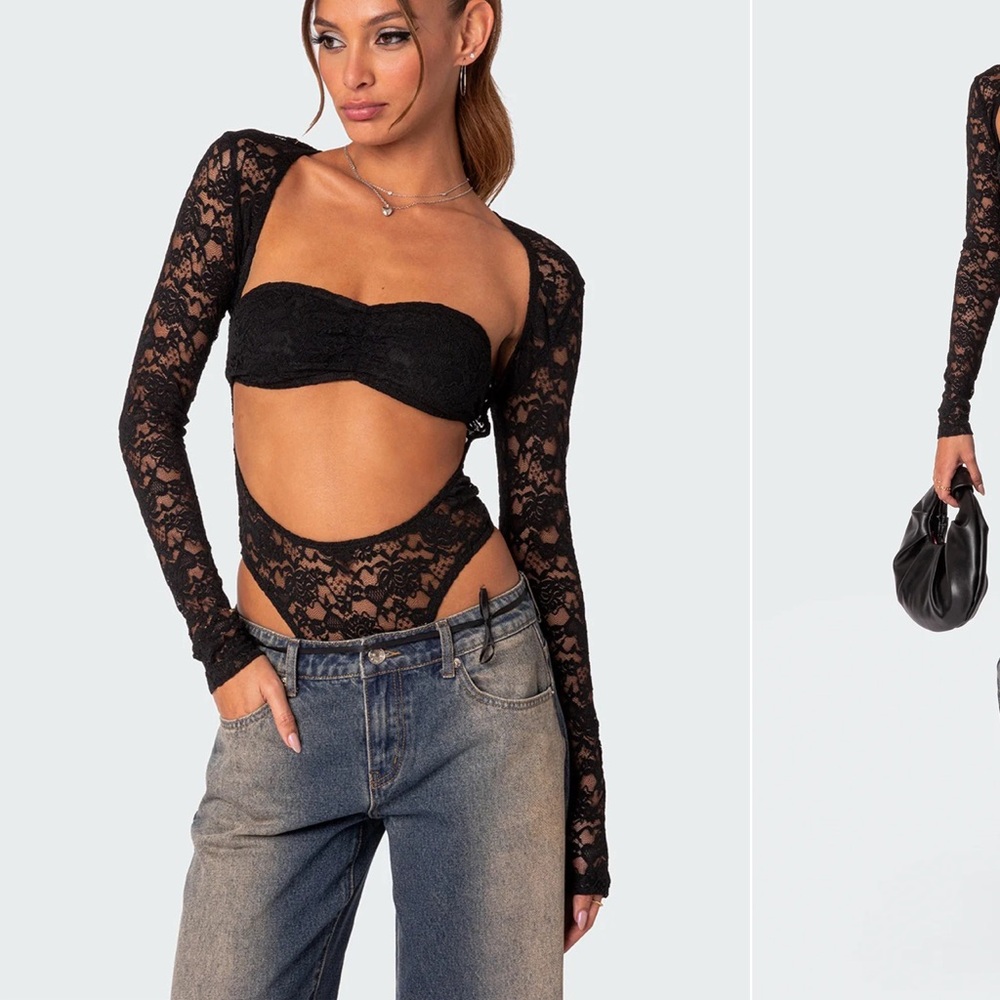 Edikted Black Sheer Lace Long-Sleeve Bodysuit